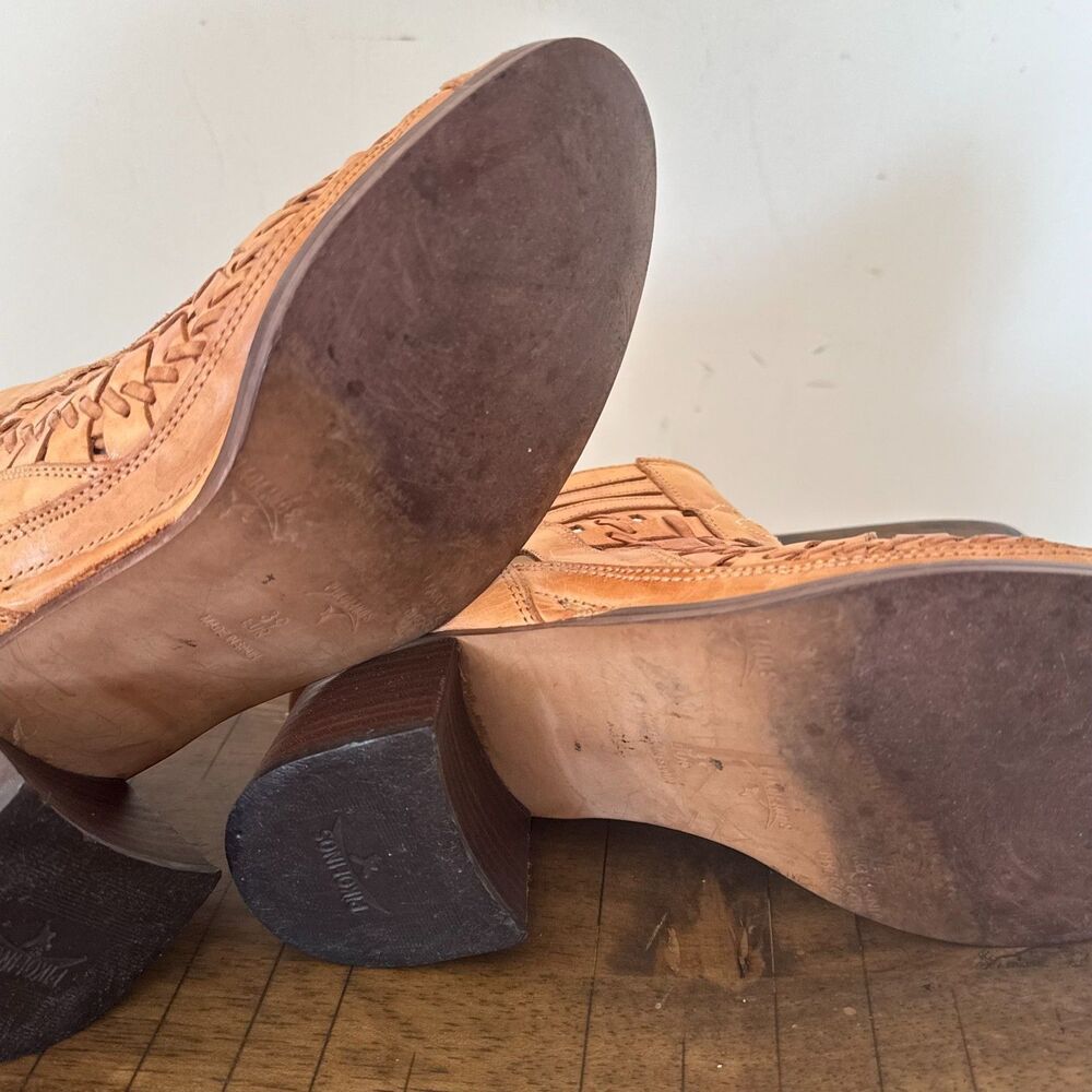 Pikolinos Spain Handcrafted Leather Booties EU 39 Brown Boho Heels Woven Cutout - Picture 9 of 16